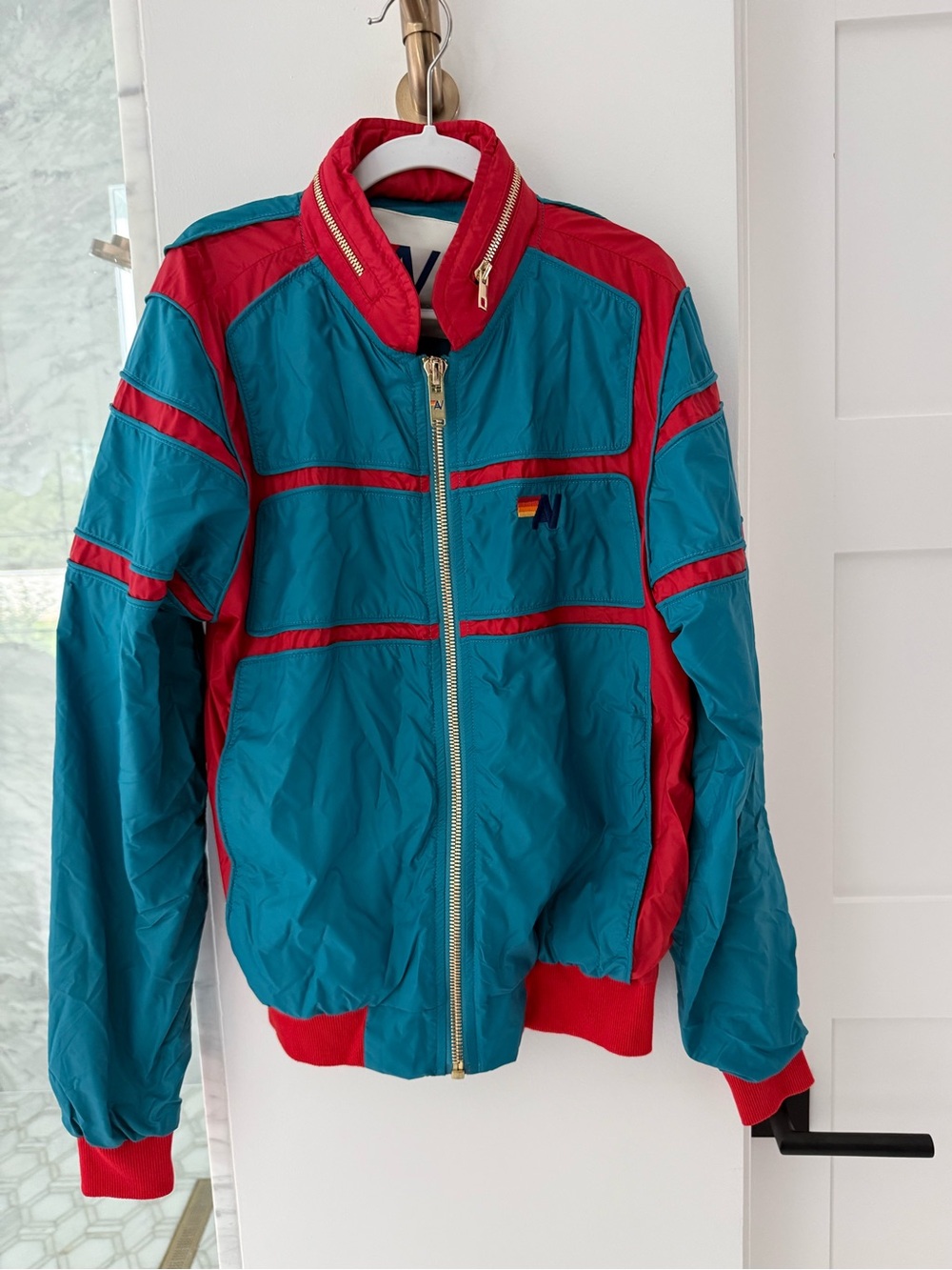 Aviator Nation Teal and Red Colorblock Bomber Jacket - Picture 2 of 4